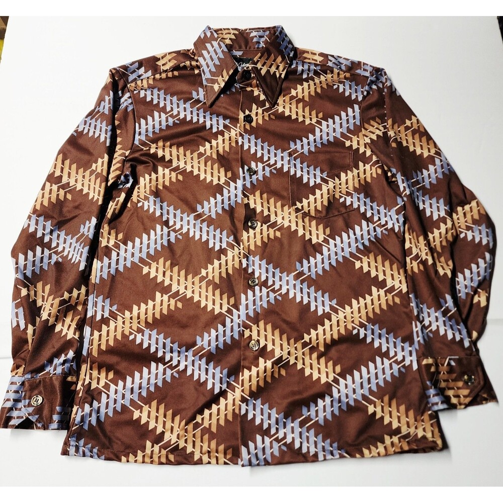 VTG 70s Johnny Miller Sears Geometric Disco Shirt Dagger Collar USA Excellent